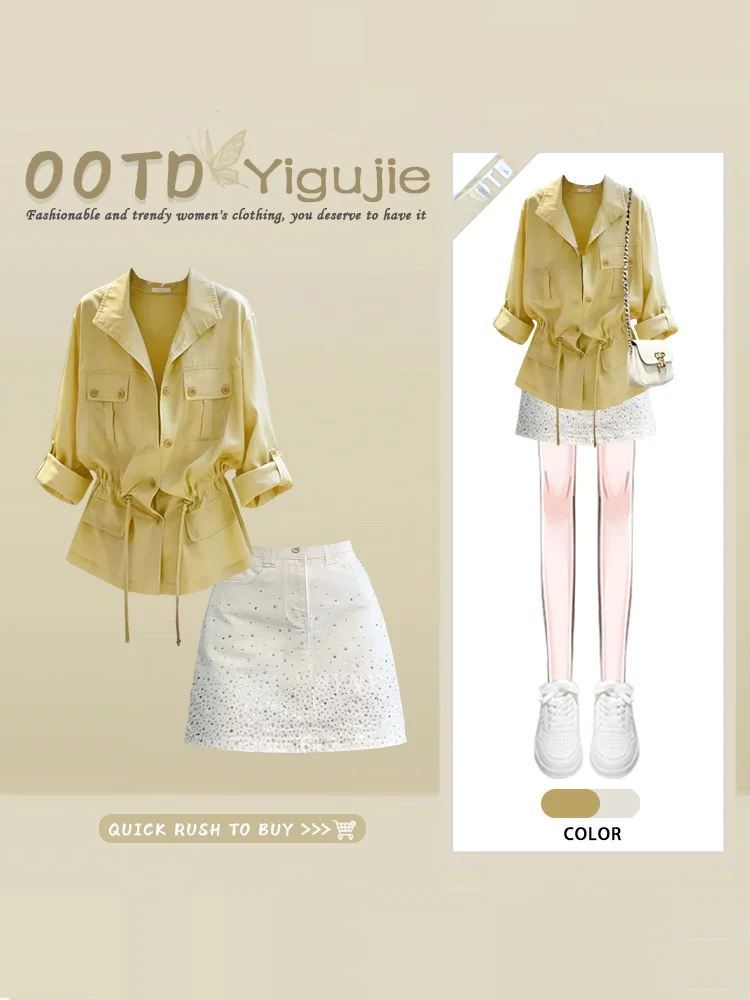 Retro Hong Kong Style Korean Workwear Polka Dot  Shirt Diamond Embellished Women's Two-Piece Set Summer Short Skirt