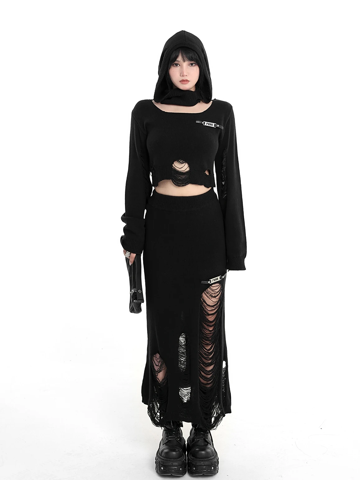 Punk Knitted Fishtail Skirt Ripped Irregular High Waist Elastic Long Skirt Personality Black Gothic Y2k Mid Length Skirt