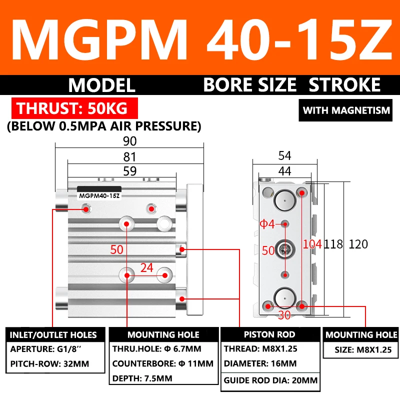 

ABILKEEN MGPM Series Pneumatic Compact Guide Cylinder MGPM40-15Z 40MM Bore X 15MM Stroke Thin Three Axis Three Rod Air Cylinder