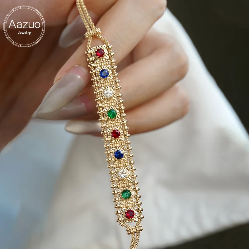 Aazuo Vintage 18K Yellow Gold Natrual Color Sapphire Real Diamonds Rainbow Bracelet For Woman Upscale Trendy Engagement Party