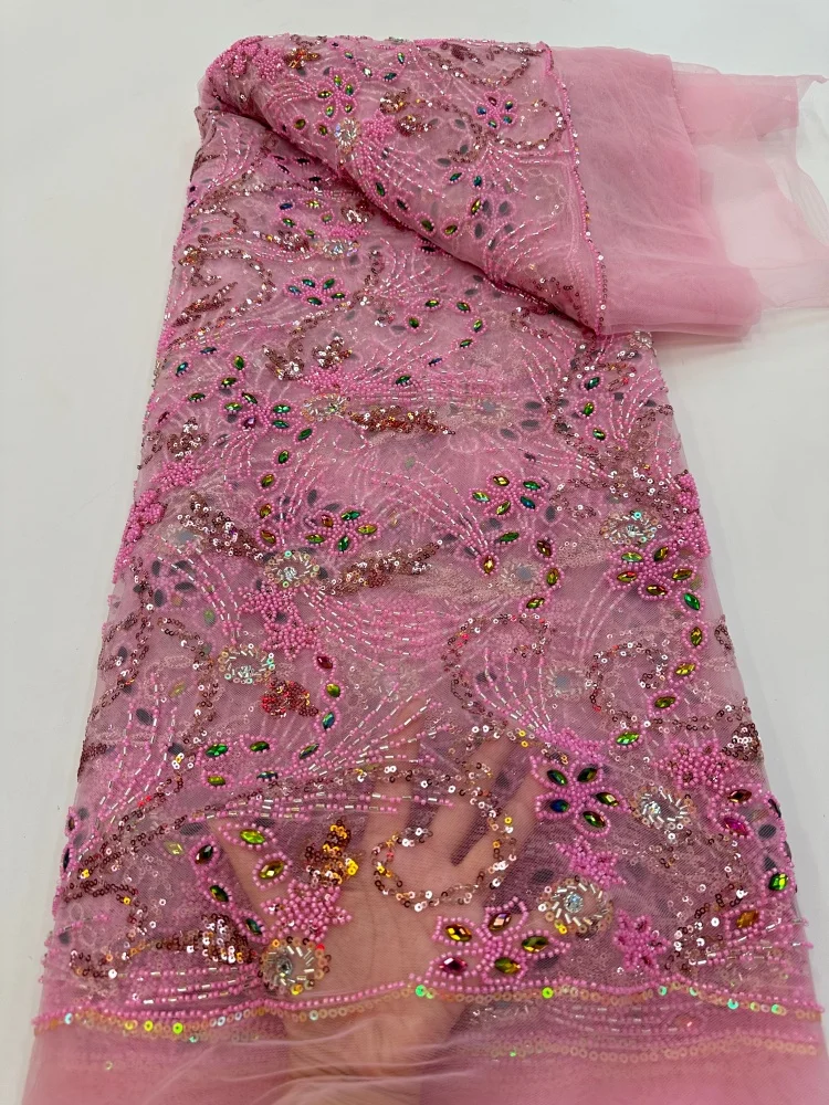 

Luxury Evening Dresses Nigerian High Quality Embroidery French Lace Fabric Beaded Tulle with African Sequins for Sewing
