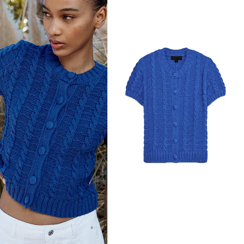 

Spring Summer Women's Knitted Jaet Button Decorated round Ne ort Sve Emed Polyester Fiber Open Cardigan Sle