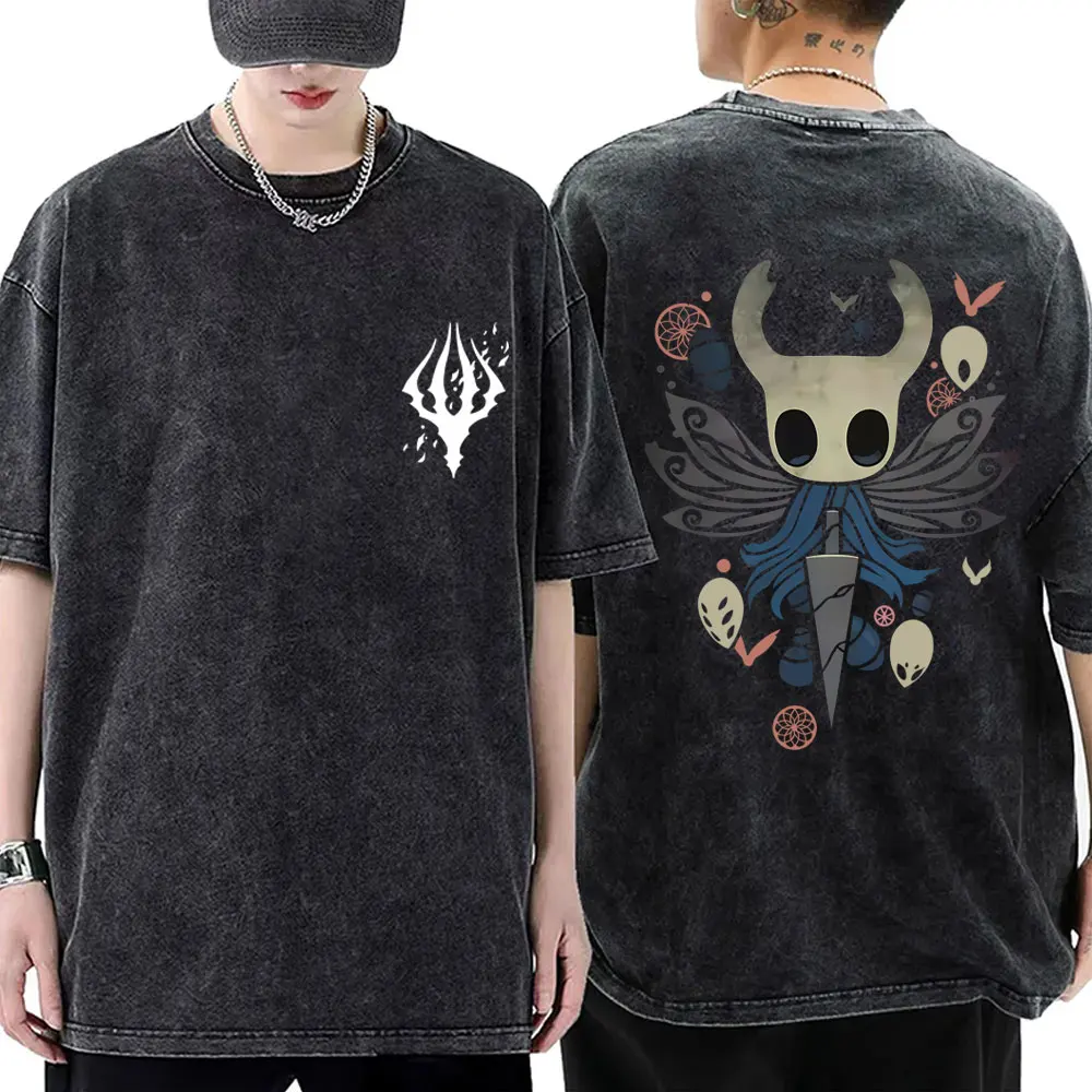 

Washed Vintage Game Hollow Knight Double Sided Print T-shirt Fans Gift Men Women Fashion Casual Oversized T Shirts Streetwear