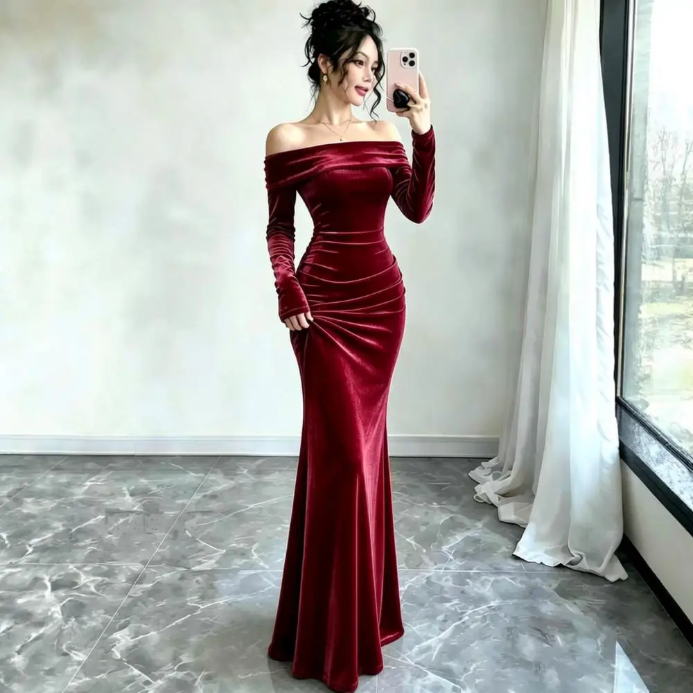 Women Velvet Bodycon Long Dress Off Shoulder Long Sleeve Elegant Gown Autumn Winter Party Slim Fit Sexy Maxi Dresses