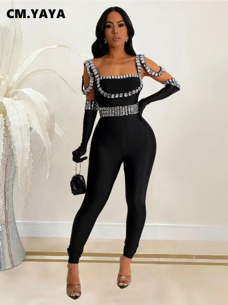 CM.YAYA Women Diamonds Hot Rhinestones Sexy Strap Long Sleeve Jumpsuits Streetwear Club One Piece Overall Rompers with Gloves