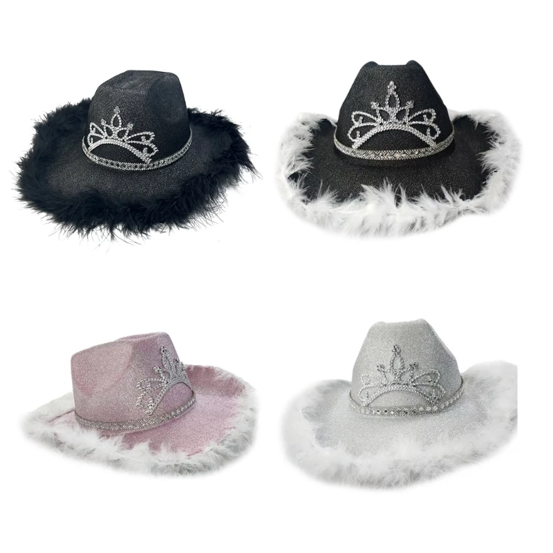 Fashion Feather Brim Felt Cowgirl Hat Shimmering Cloth Western Hat Windproof Dropshipping