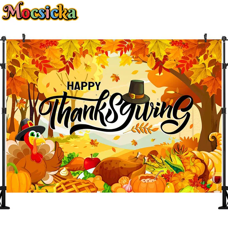 Happy Thanksgiving Day Banner Backdrop Maple Leaves Turkey Pumpkin Fall Decorations Home Party Supplies Photography Background