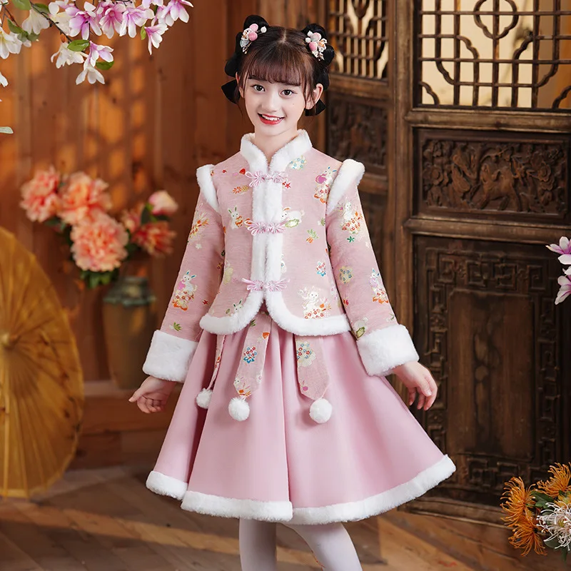 2022 Winter Embroidere Girls Dress For Chine New Year Vintage Chinese Cheongsam 2 Pieces Hanfu Set Kid Spring Festival Gift