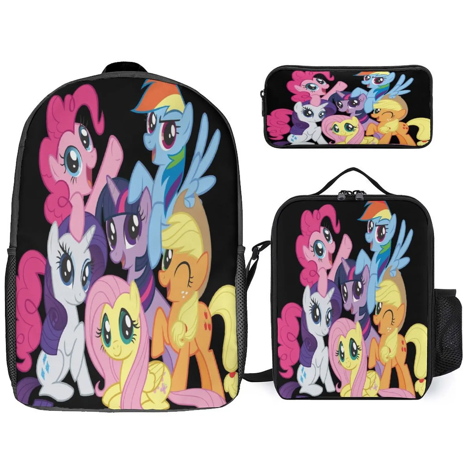 Back-To-School Season 3-Piece Customized Cute Cartoon Pony Animation 3d Printed Schoolbag Gifts 17inch Large Capacity Backpack