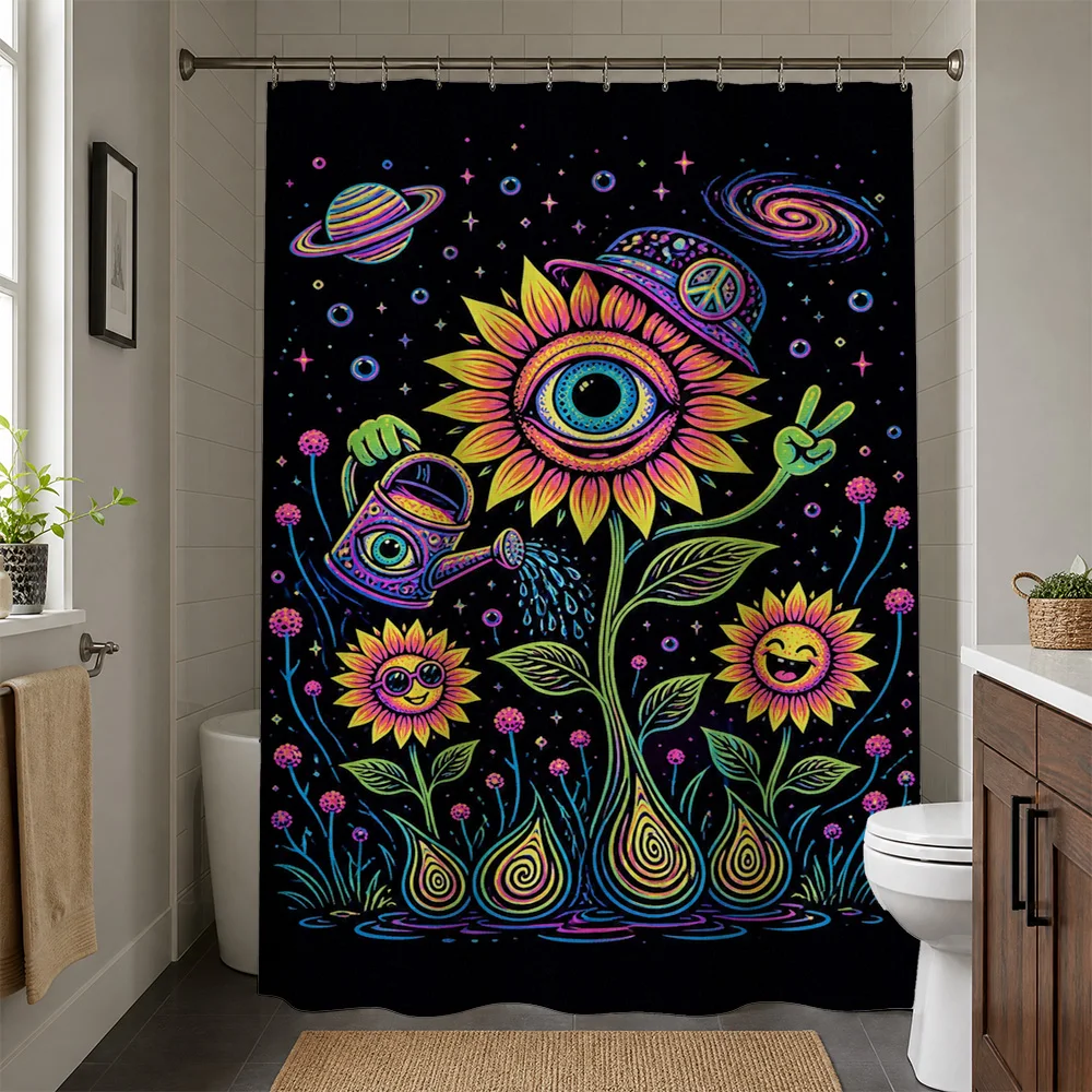 Psychedelic Cosmic Galaxy Shower Curtain Waterproof Boho Chic Rainbow Floral Sun Planets Bathroom Liner Home Decor Art Print