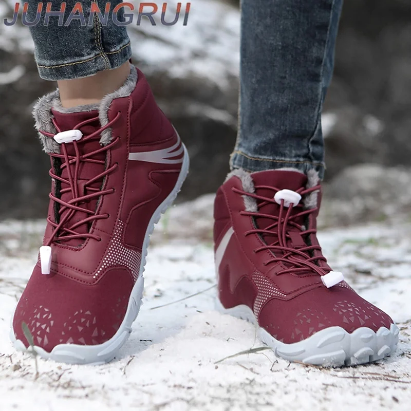 Winter Womens And Mens Barefoot Snow Boots Plush Warm Ankle Boots Non-slip Outdoor Waterproof Hiking Shoes Walking Cotton Shoes