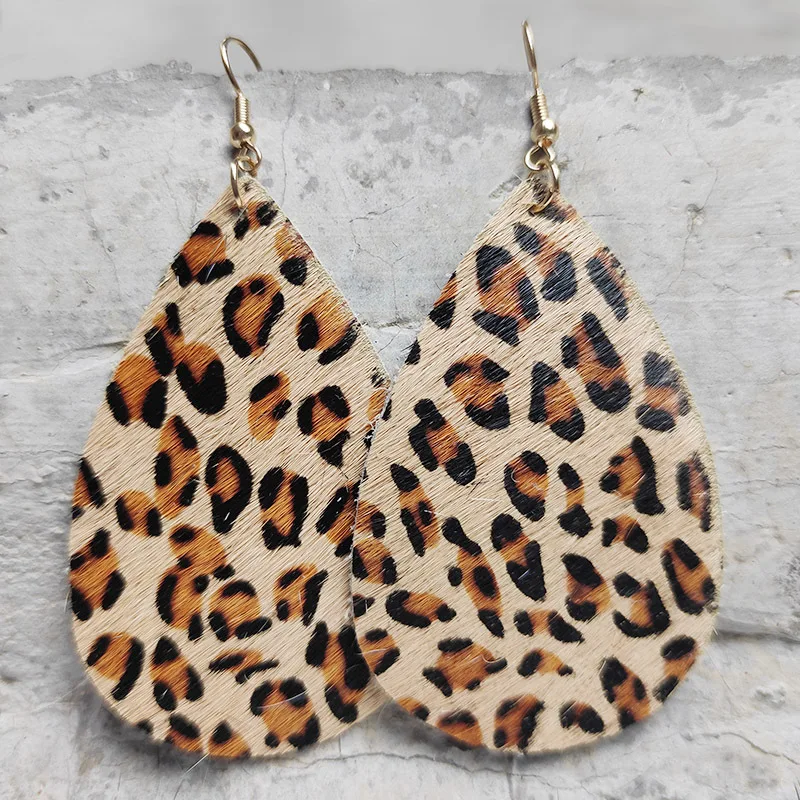 New Large Water Drop Shape Real Cowhide Leopard Earrings Western Original Leather Earrings Denim Earrings Gift Wholesale