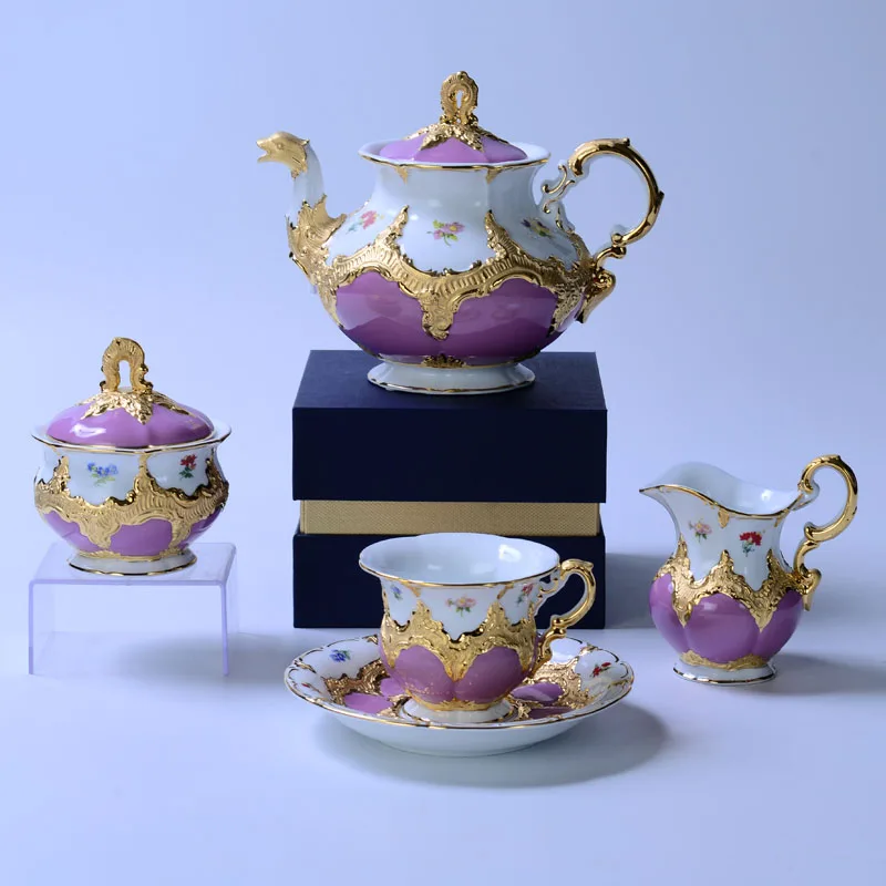 

European-Style Meijia Coffee Set Palace Relief Gold B- Form Pink Purple Tea Set Coffee Set Tea Cup Set Coffee Cup Set Coffee Set