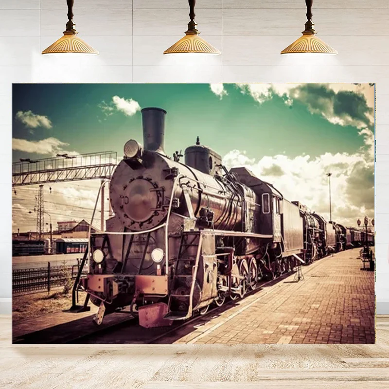 Old Train Locomotive Photography Backdrop Vintage Steam Engine Train Railway Background Adult Man Boy Portrait Retro Nostalgia