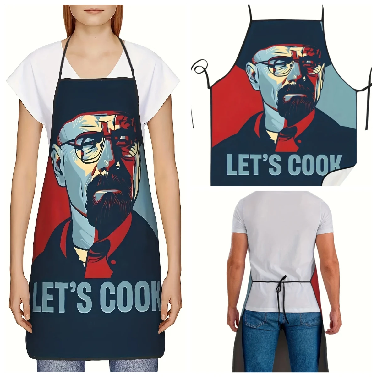 Vintage Let's Cook Movie Character Print Apron, Glossy Finish Kitchen Wear for Chef, Adjustable Neck Strap for BBQ & Waiters