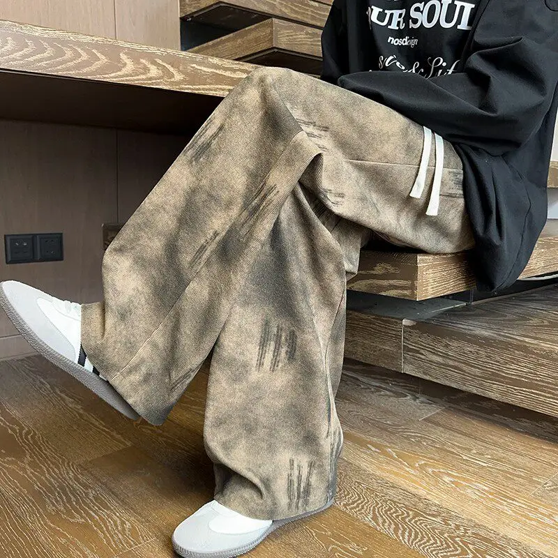 American Retro Tie Dye Corduroy Wide Leg Pants Men's Autumn Winter Large Size Casual Floor Length Teenage Long Pants