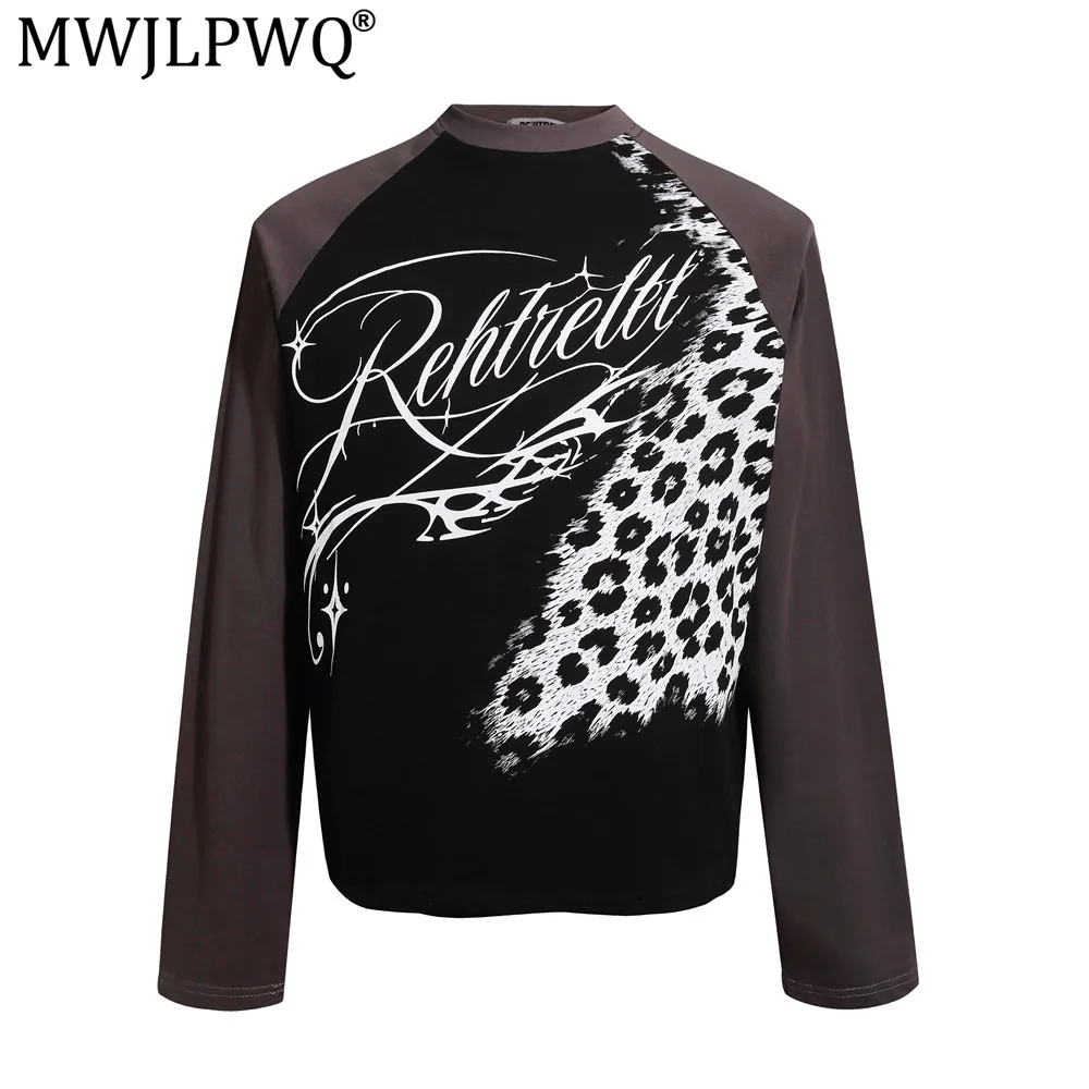MWJLPWQ Dark Floral Leopard Print Long-Sleeve T-Shirt Casual Men's Spring Autumn American Style Color-Block Design Tops 21315