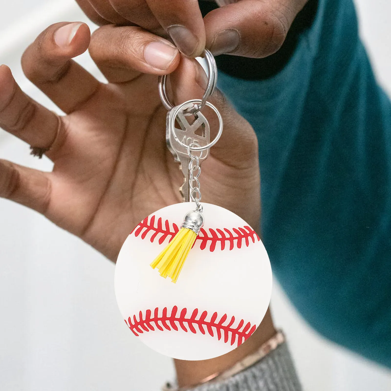 12Sets Baseball Key Chain Acrylic Tassel Keyring Bag Pendant Key Hanging Decoration Sports Keychain Gift for Boys Men Women