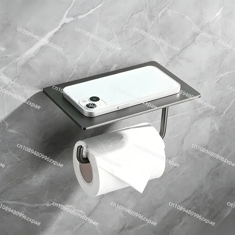 Wall mounted bathroom tissue holder gun gray simple double roll toilet paper rack with phone storage shelf engineering use
