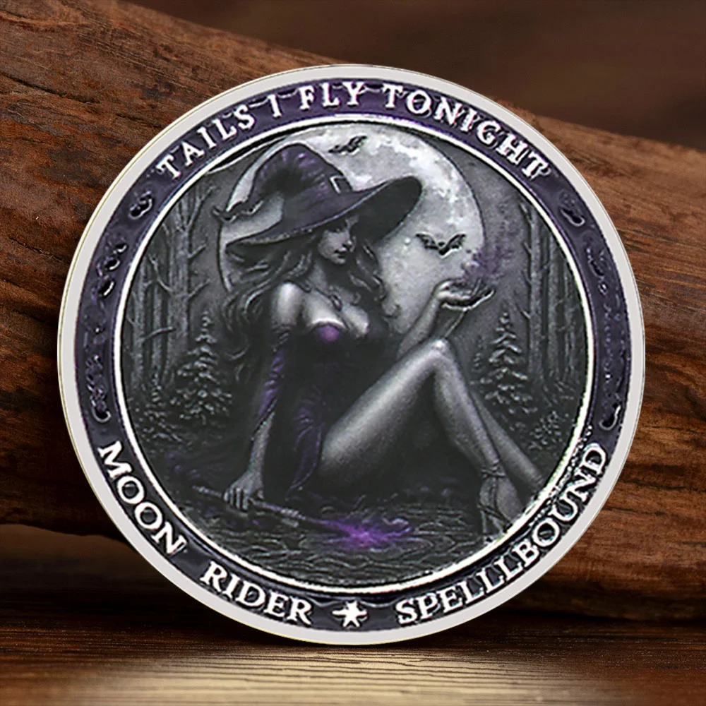 Moon Knight Charm Commemorative Coin - Witch and Broom Color Printed Silver Plated Collectible Coin