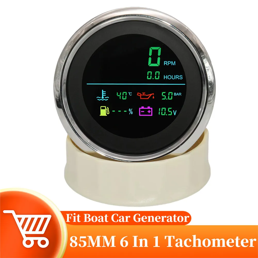 

85mm 6 In 1 LCD Multi-Function Tachometer Fuel Gauge Water Temperature Oil Pressure Voltmeter Hour Meter For Boat Car Generator