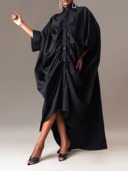 UOOZEE 2025 New Women's Pleated Fashionable Black Dresses Long Sleeves Buttoned Solid Color Casual Oversize Lapel Shirts Dress