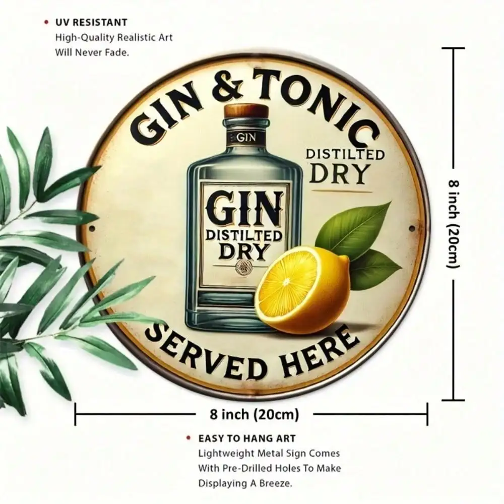 Vintage Round 8x8 Inch Metal Tin Sign Wall Decor - Gin Tonic Theme Weatherproof Plaque for Home Pub Man Cave