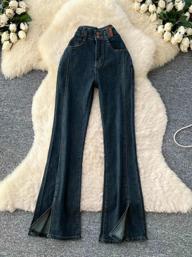 

American style retro high waisted slightly flared casual jeans women slightly elastic design slim fit fashion flared pants