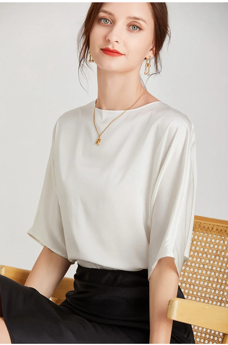 Heavyweight Satin T-shirt for Women High-end and Atmospheric Summer Satin Silky T-shirt for Women White T Shirt