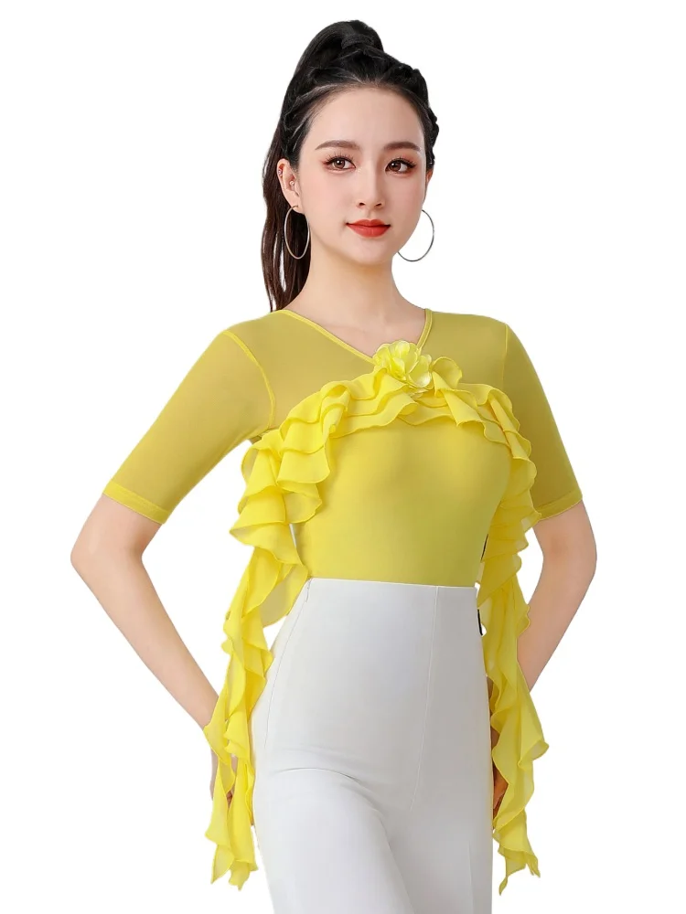 

2025 New Style Latin Dance Leotard Dance Clothes V-neck Ruffled Modern Dance Practice Clothes Latin Performance Top Zy208