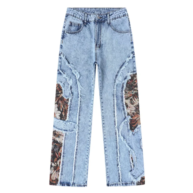 

Американские джинсы в стиле ретро, кружевные мужские джинсы в стиле хип-хоп, расклешенные длинные брюки, молодежные мужские повседневные джинсовые брюки