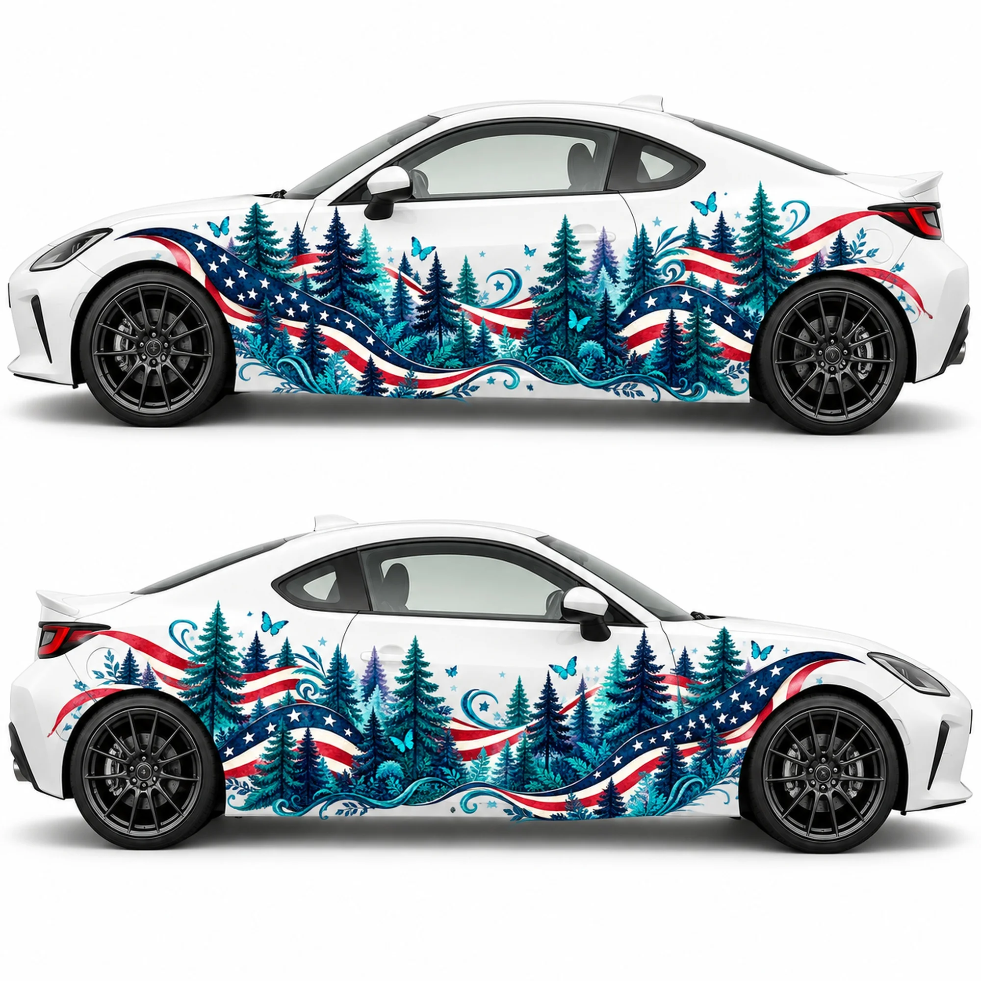 2 PCS American Flag Turquoise Forest Starlight Car Side Decals, Die-Cut Vinyl Sticker Set