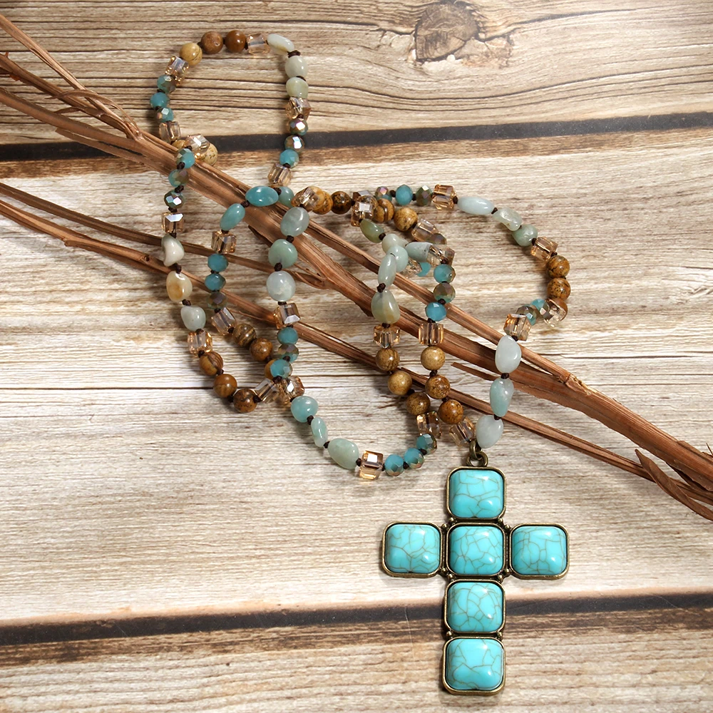 Spring New Fashion Bohemian Blue Green Natural Stone Glass Knot Necklace Square Cross Pendant Necklace Sweater Chain