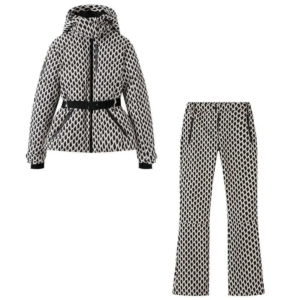 2026 Winter Hooded Women's Padded Sport Parkas Pants 2 PCS Set Belt Female Elegant Warm Windproof Skiing Coats Jackets Trousers