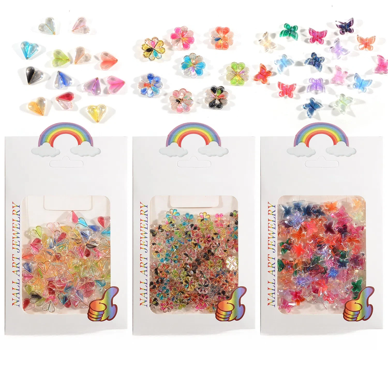 Disegni sfumati con bordi dorati Ciondoli per unghie in resina Assortiti stili 3D di cuore, farfalle e fiori - Eleganti decorazioni per manicure