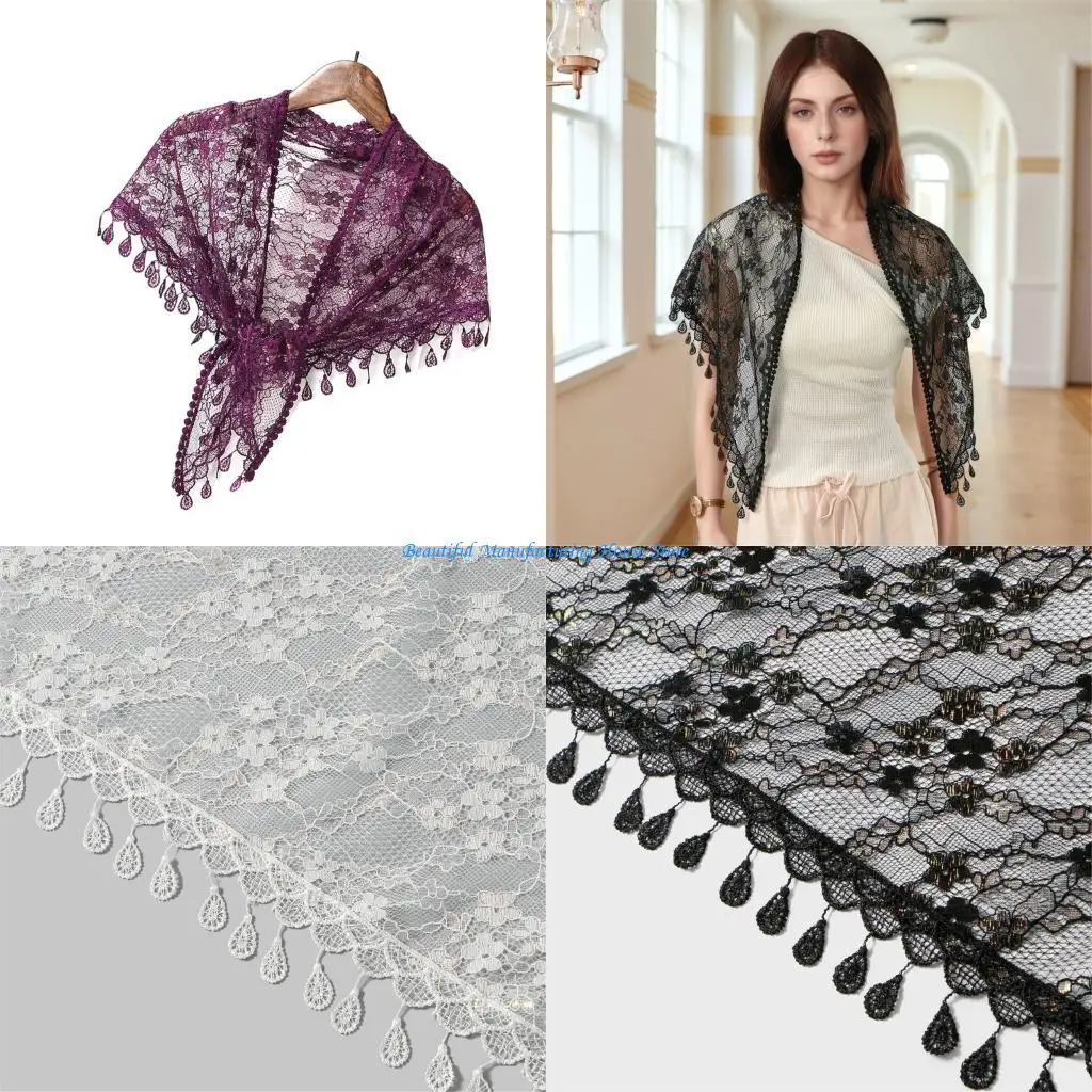 E56A Stylish Lace Fringe Scarf Soft Breathable Fabric For Daily Use Heat Resistant Head Cover for Wedding Dress Wrap