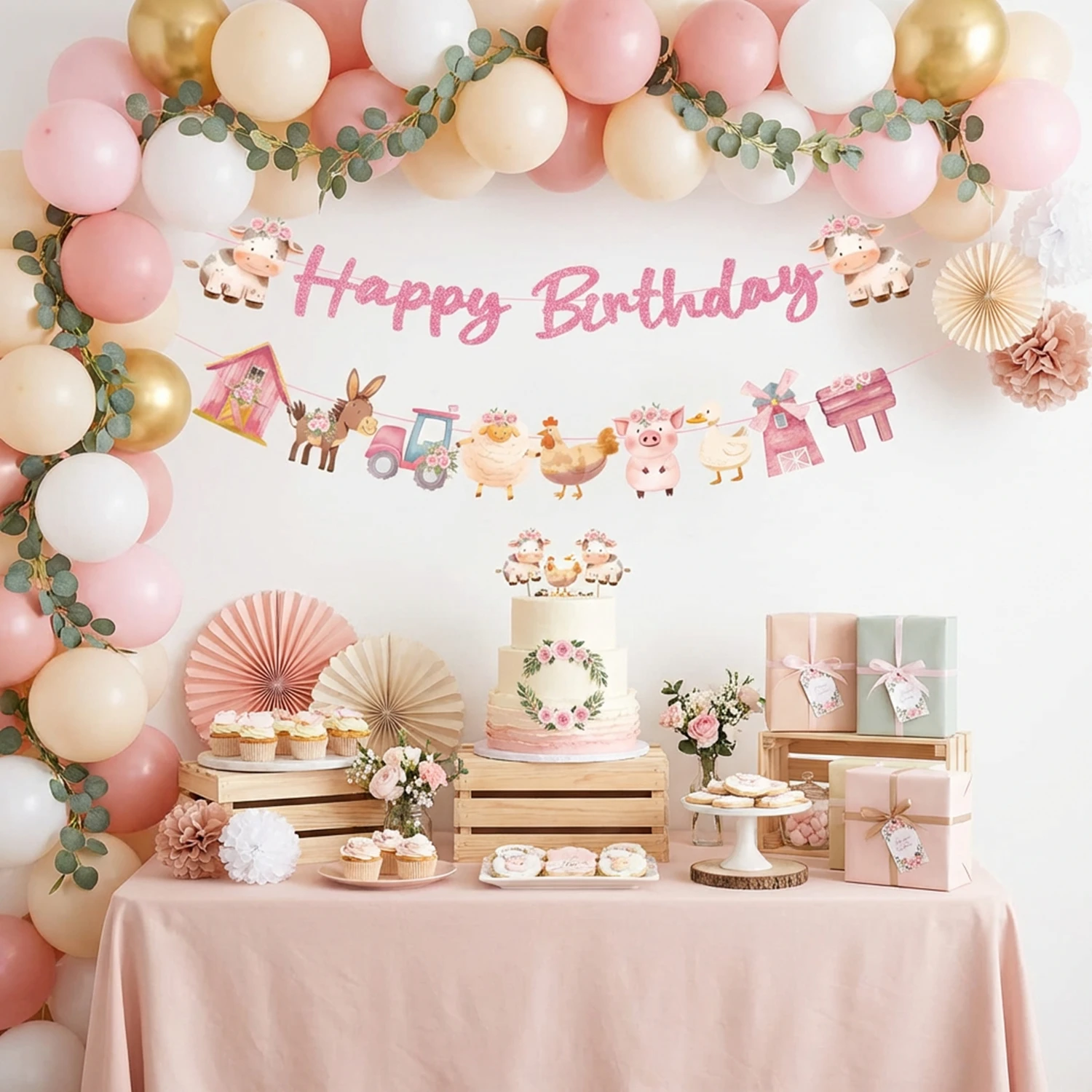Geburtstagsbanner mit Bauernhoftieren, Hühner- und Schweine-Hängebanner für Jungen und Mädchen, Babyparty-Dekorationen ﻿ – Detail 5