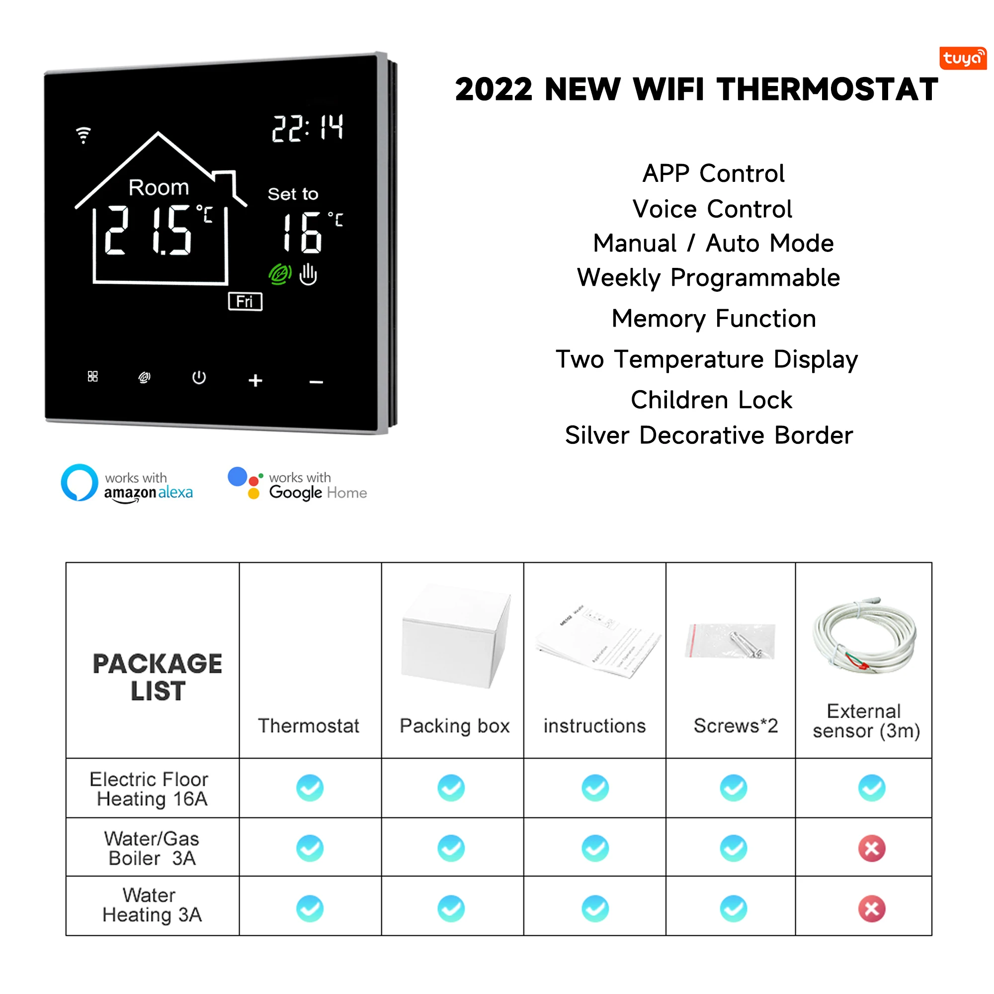 Tuya WiFi Smart Thermostat Temperature Remote Controller for Electric Floor Heating Water/Gas Boiler for Google Home, Alexa