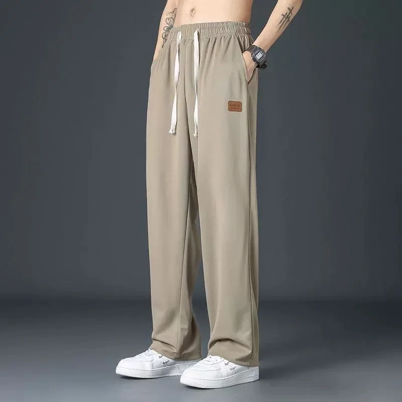 Ice Silk Loose Fit Straight Leg Sweatpants Men's Summer Cool Feeling Sport Pants Pure Color Casual Long Trousers Wide Leg Thi...