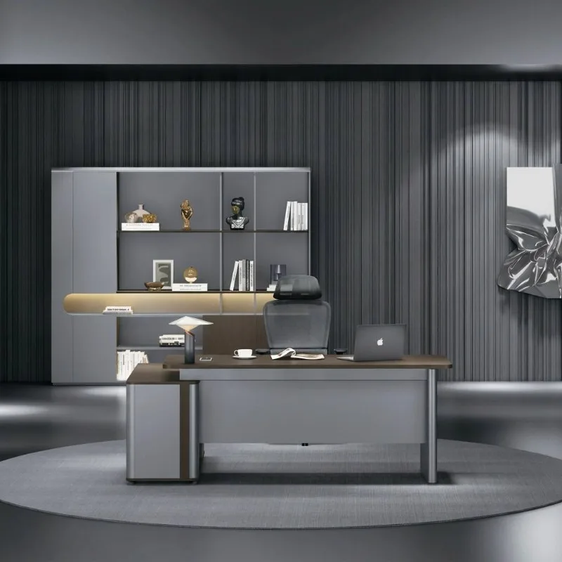Anti-fingerprint Matte Skin Office Desk with Arc E0 Liquid Silver Side Cabinet Thickened Semi-circular Profile Supervisor Desk
