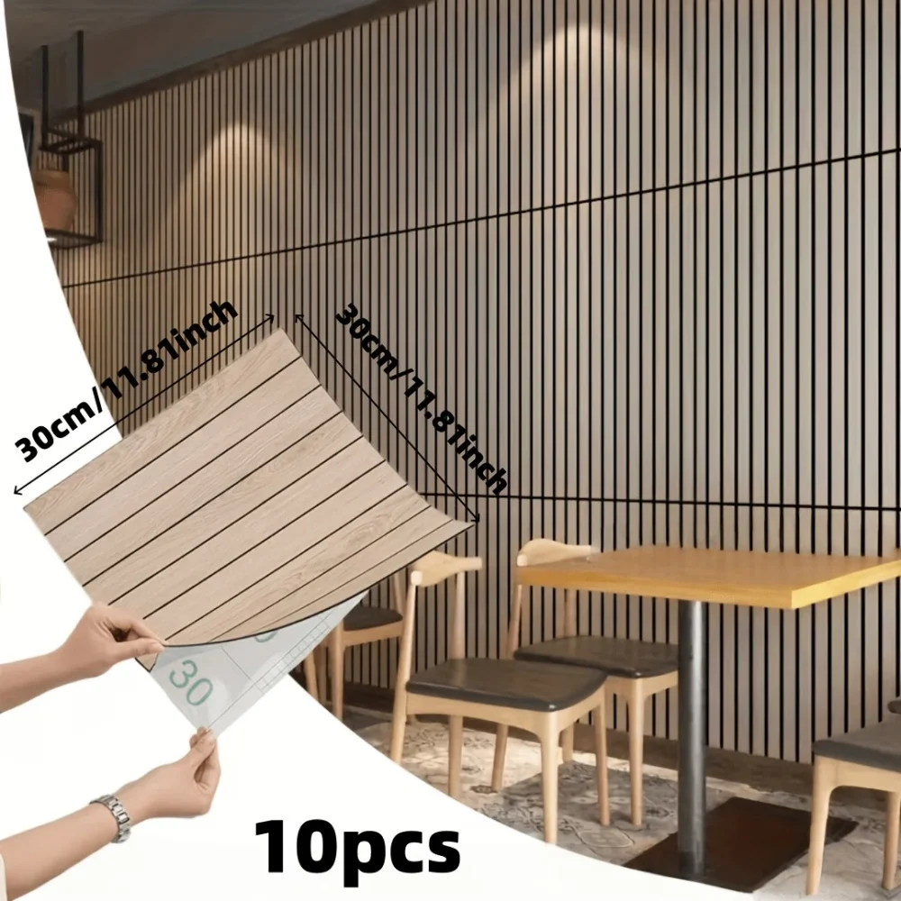 10Pcs 11in X 11in Peel and Stick Wood Slat Wall Panels Decorative Wall Panels Self Adhesive Slat Acoustic Textured Panel