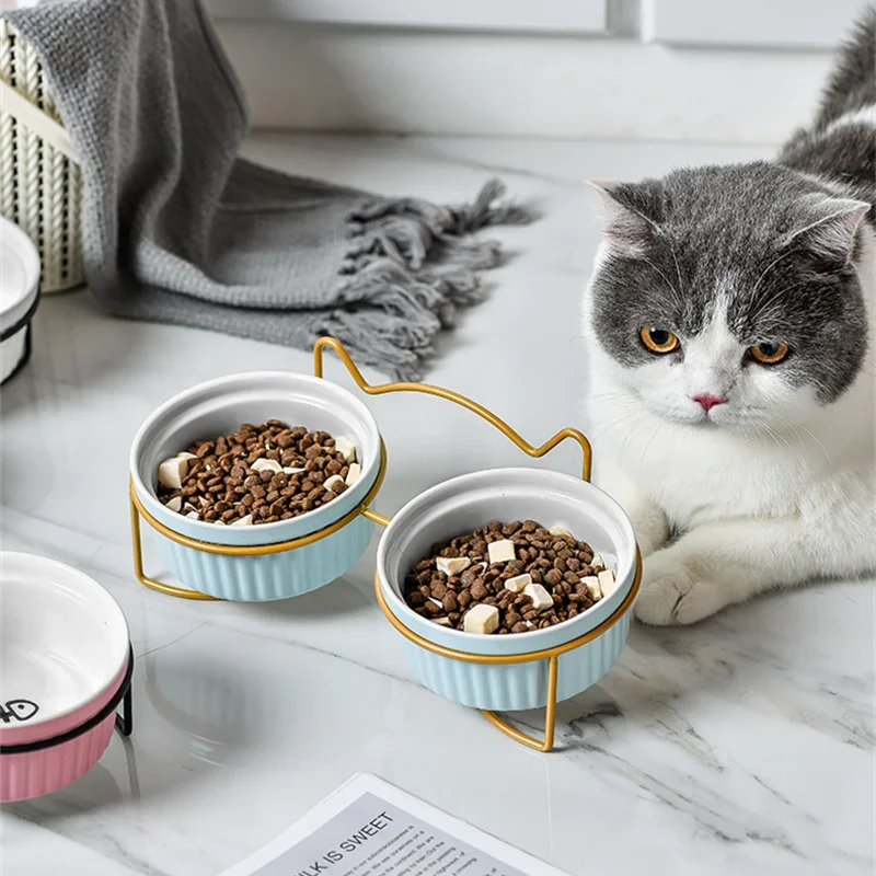 

Paw Print Cat Supplies Cartoon Pet Ceramic Bowl Iron Frame Double Bowls Dog Cat Universal High Quality Non-slip Bowl Pet Feeder
