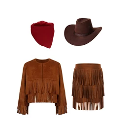Kids Girls Western Cowboy Cowgirl Costume Long Sleeve Tassels Fringe Open Front Coat with Tiered Skirt and Bandanna Hat Dress Up