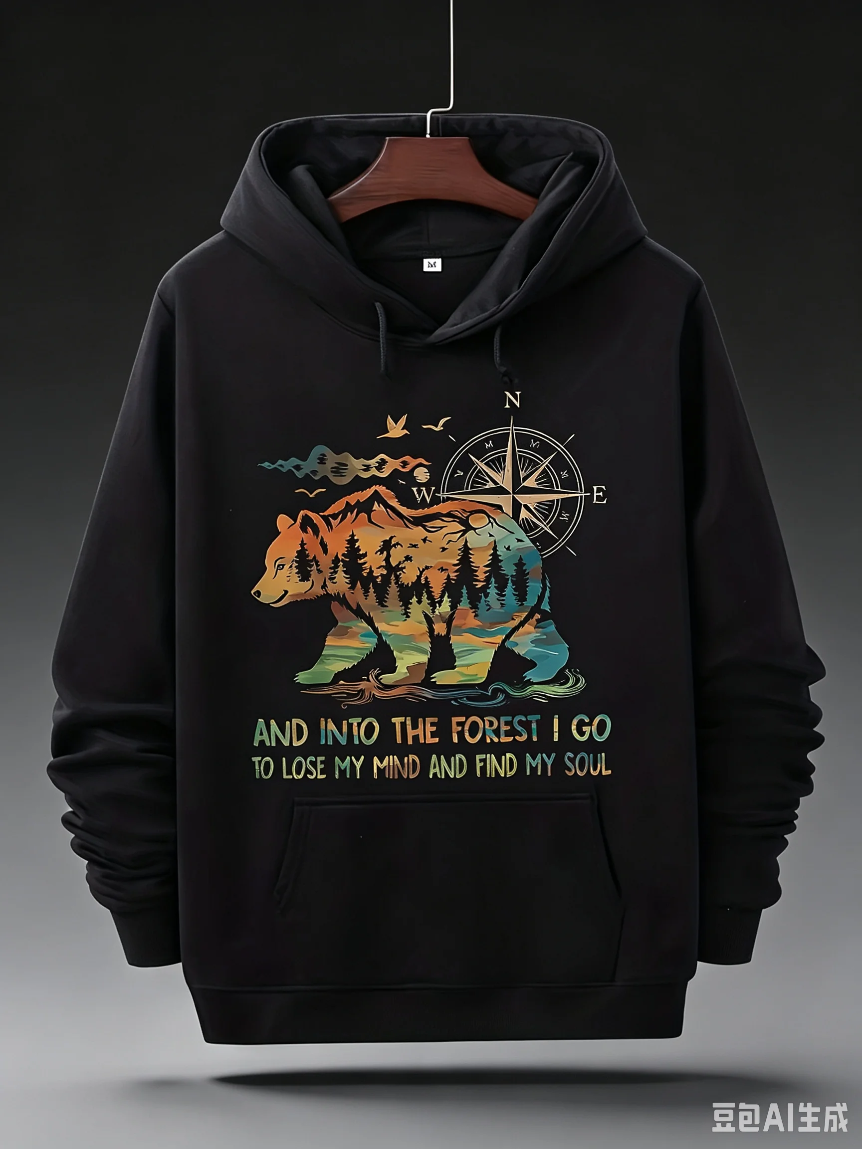 Men's Camping Bear Hooded Sweater - Forest Themed Bear with Compass Design, 
