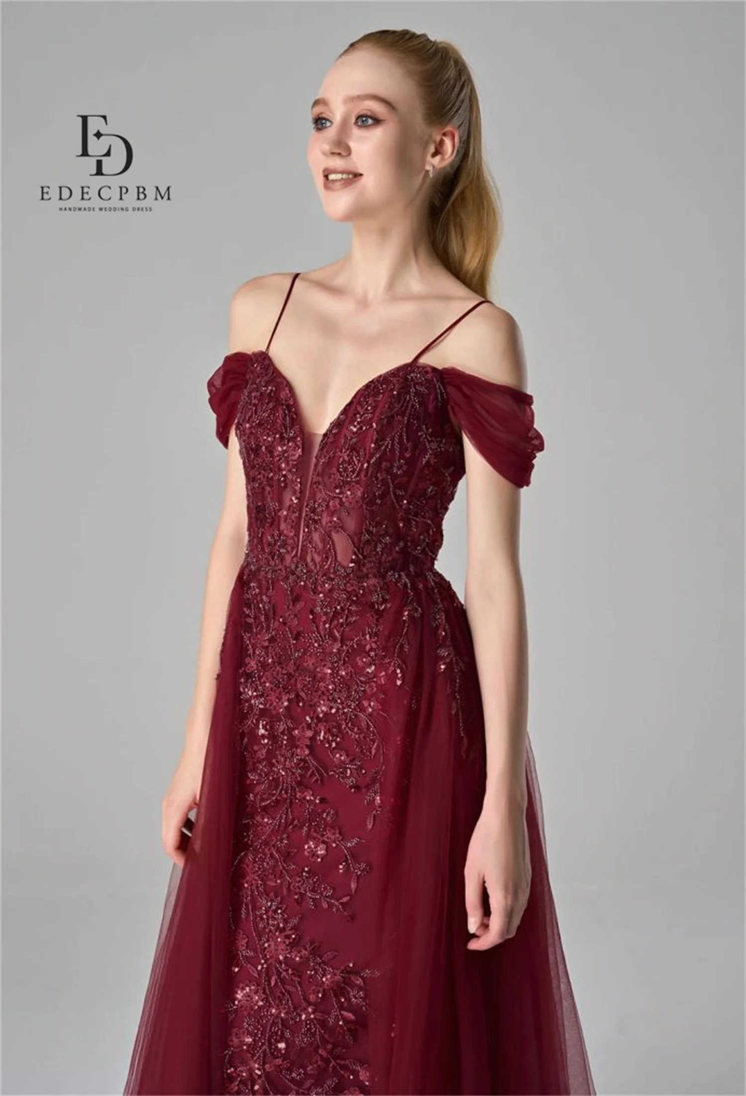 EDECPBM Evening Dresses 2025 Woman فساتين سهرة Crimson Red Vestidos De Festa Bead Embroidery A-line Wedding Party Dresses Lace