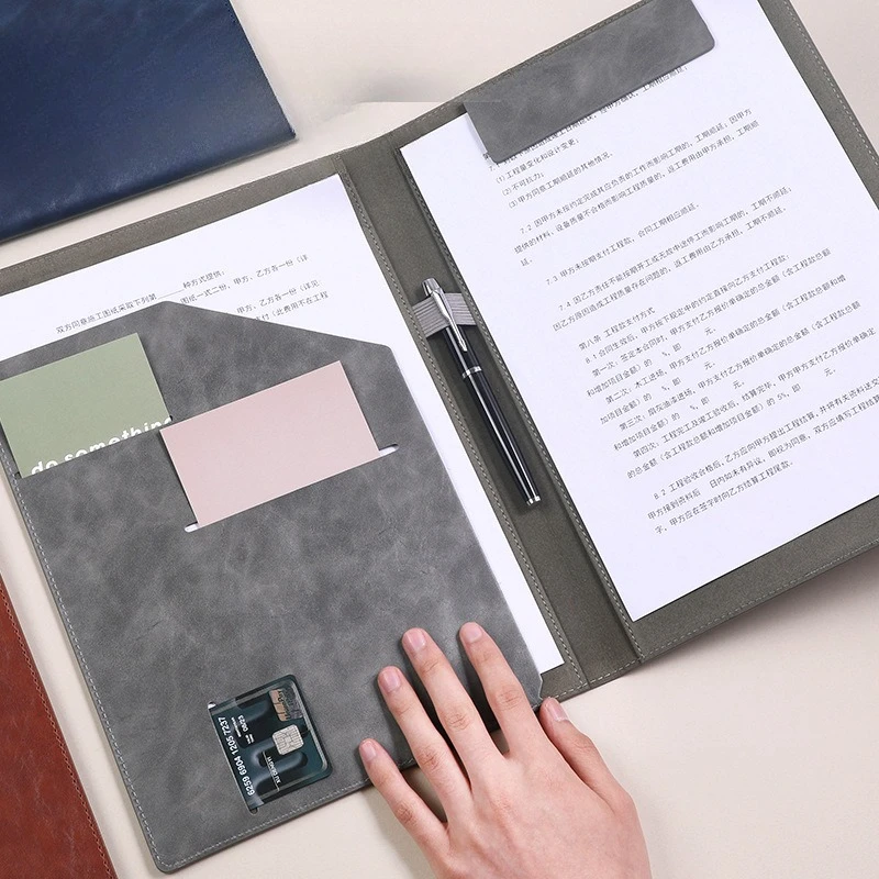 Multifunctional A4 Leather Folder Clip Professional Business Style Portfolio for Office Document Presentation Pad with Storage