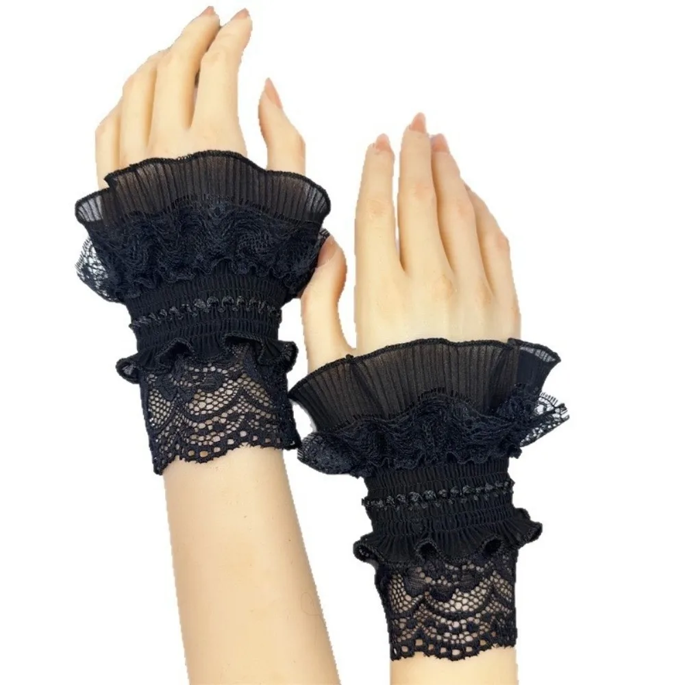 

1 пара эластичных съемных рукавов-митенок для платьев и свитеров, декоративный аксессуар для костюма, кружевные оборки на запястьях, универсальные, милые