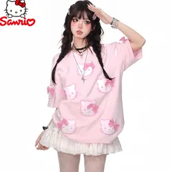 New Flocked Pink Hello Kitty Short Sleeve T-Shirts For Women Sanrio Summer Sweet Girl Loose Design Top Ins Style Clothing