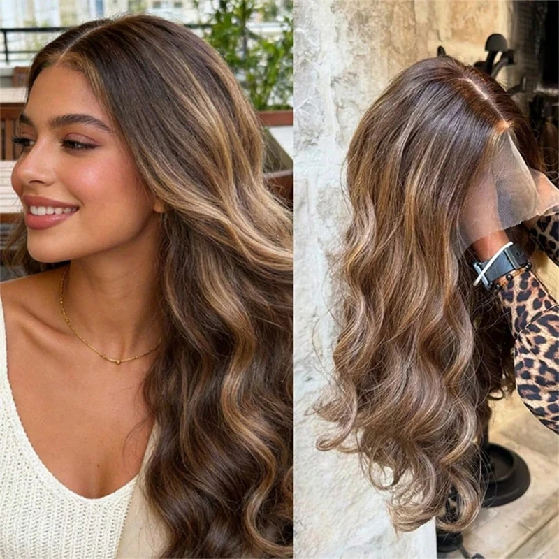 

Trendy Wig Ombre Dark Caramel Brown Balayage Heat Friendly Synthetic HD Lace Front Wig For Women 26 Inches Long Body Wave Wig