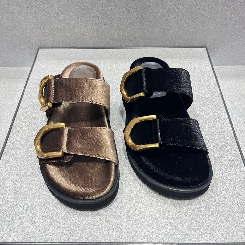 

Black Open Toe Women Sandals Fashion Buckle Strap Shoes Summer Solid Slingback Slippers Casual Flats Zapatos Mujer